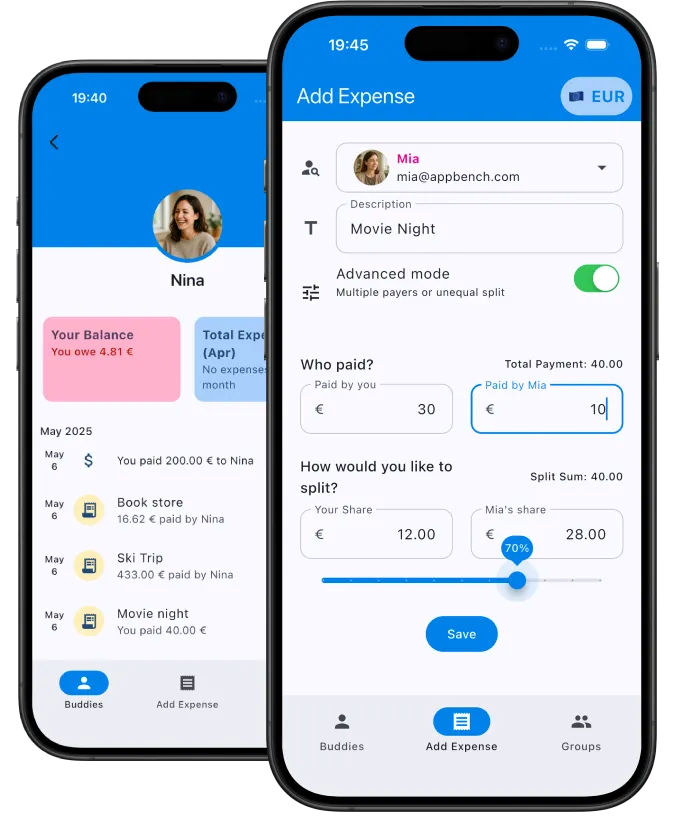 SplitBuddies app showing shared expenses on a phone