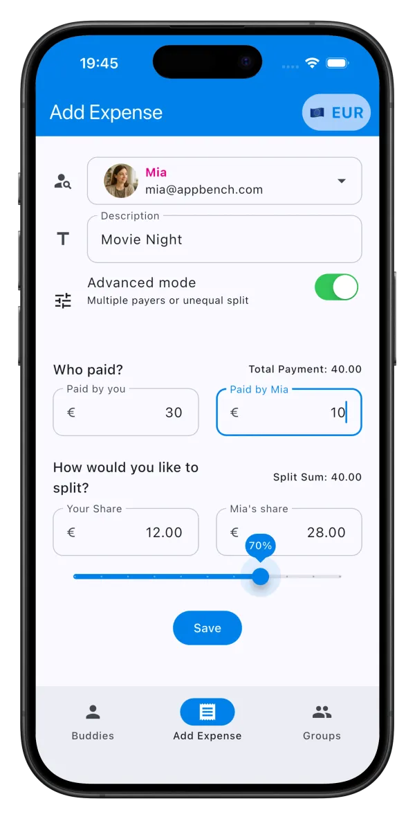 SplitBuddies add expense screen with advanced splitting options