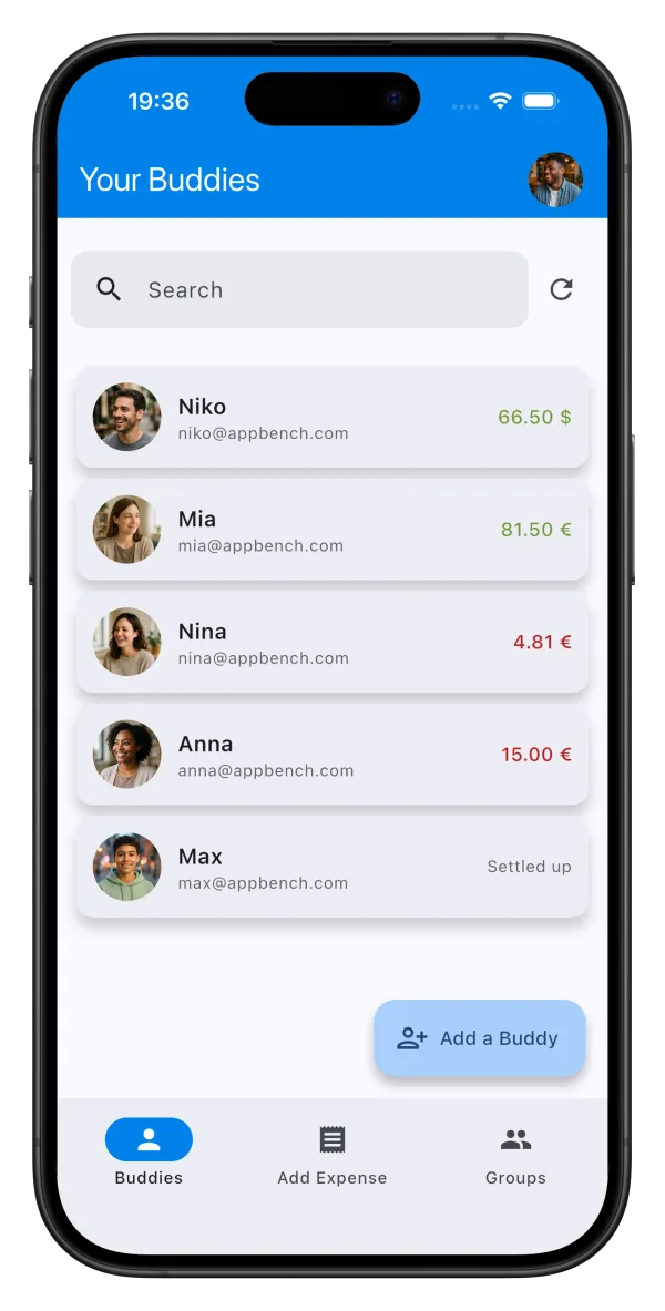 SplitBuddies buddy list showing friends and balances
