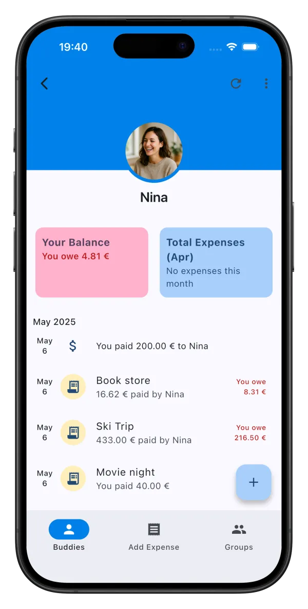 SplitBuddies buddy detail screen with expense history