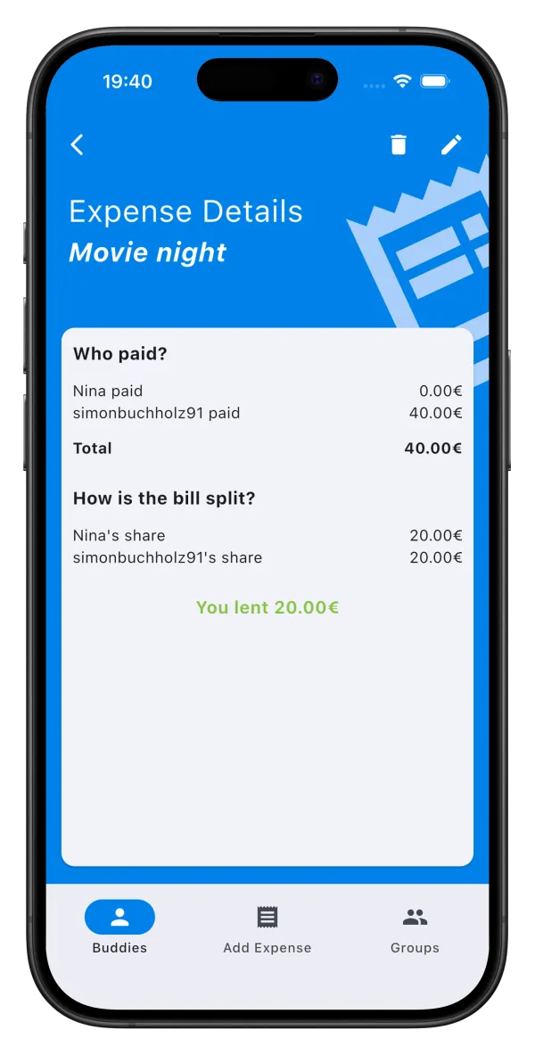 SplitBuddies expense details between friends
