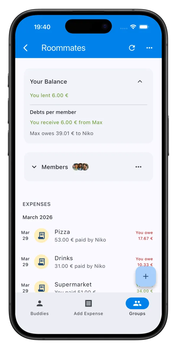 SplitBuddies group expenses screen showing balances and shared costs