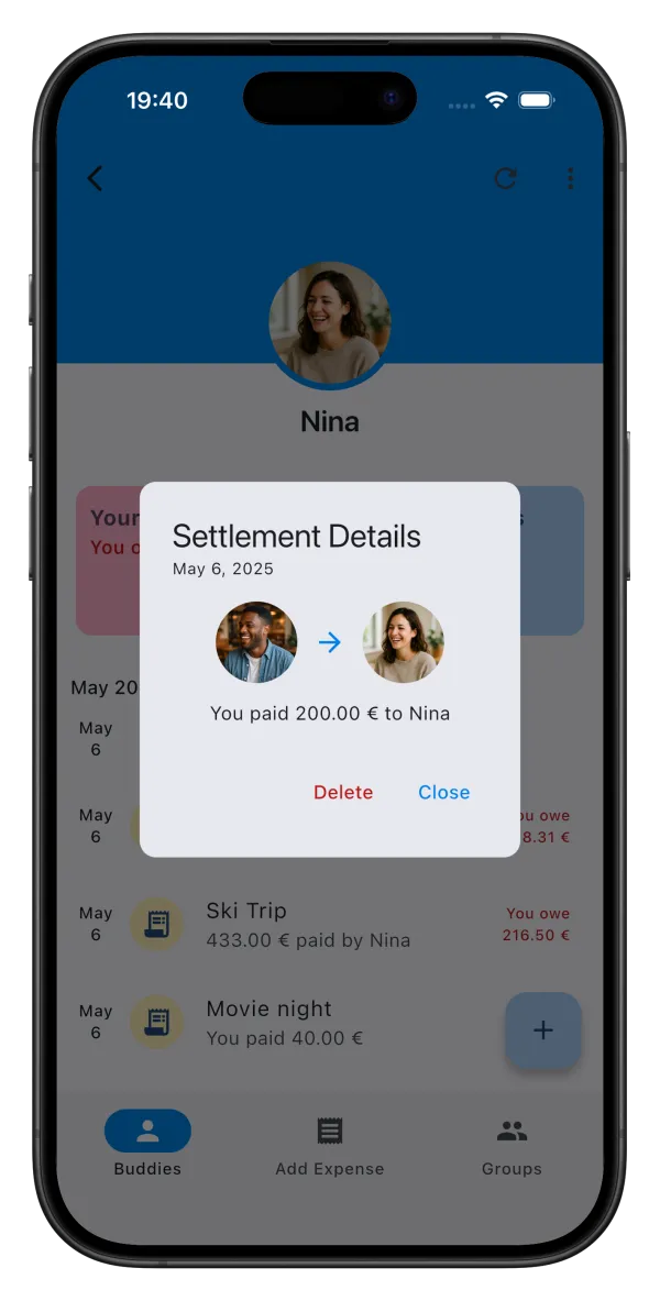 SplitBuddies settlement details between friends